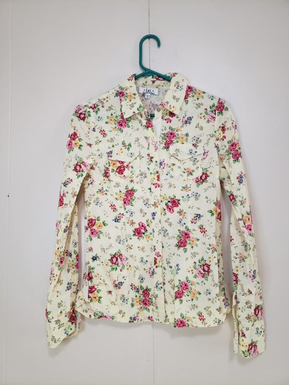 Lei Womens M Shirt Western 100% Cotton Yellow Floral Snap Up Front Cowgirl Y2K